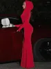 Casual Dresses Simenual Elegante Mode Dame Solide Party Trompete Meerjungfrau Kleid 2000er Jahre Ästhetische Herbst Mit Kapuze Maxi Slim Prom Abend Tuch