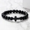 Charme Naturstein Armband Kreuz Schwarz Lava Matt Perlen Armbänder handgefertigte Männer Frauen Gebet Fitness Kette Paar Schmuck Geschenk Mode Schmuck Juwelen Kreuz