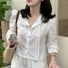 Blusas femininas 2023 mulheres bonito tops estilo preppy vintage japones coreia design único botão de peito elegante camisas de renda branca