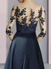 Dark Navy Satin A Line Mother Of The Bride Dresses Lace Appliqued Half Sleeves Women Formal Occasion Prom Gowns With Bow Belt Tea Length Wedding Party Dress CL2839