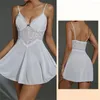 Ropa de dormir de las mujeres 2023 para las mujeres vestido de dormir de encaje tentación blanco sexy malla profunda con cuello en v perspectiva camisón camisones