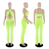 Dames Tweedelige broek Geel Damessets Stukken Mode Mouwloos Ruglooze Sexy Halter Crop Top Gym lang pak Sportkleding 2 sets