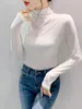 Kvinnors T-skjortor Autumn Winter Beading Splicing Slim Shinning Waffle Mesh T-shirts Women Half Turtleneck långärmad eleganta tees toppar