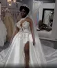 Luxury Sexy Arabic A Line Wedding Dresses Bridal Dress One Shoulder Lace Appliques Silver Crystal Beaded Side Split Wedding Gowns Cathedral Train Overskirts 2023