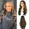 yielding Synthetic Wigs New women's T-shaped front lace synthetic fiber headband with brown intermediate color long curly hair and large wavy wig