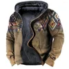 Men's Hoodies Vintage Autumn Winter Men Zip Up Long Sleeve Fleece Hood Jackets Tribal Graphics Print Casual Outerwear Sweatshirts