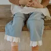 Byxor 2023 Autumn Korean Children's Girls 'Lace Casual Right Leg Denim Winter Clothes for Girls