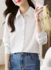 Kvinnors blusar Qoerlin Hollow Out Long Sleeve White Shirts Women Spring Fall 2024 Turn-Down Collar Button Up Tops Blus Office Ladies