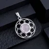 Natural Stone Crystal Carving Round SunflowerCharms Tiger Eye Rose Quartz Rhinestone Women Pendants for Necklace Jewelry Making