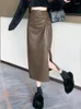 Kjolar hög midja blyerts kjol kvinnor ankomst 2023 höst koreansk stil pu läder office lady elegant long w1418