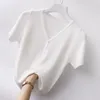 Damestruien Lente Zomer T-shirt Korte mouwen Koreaans V-hals Nauwsluitend Effen Kleur Mode Ijszijde Onderkant Breien Tops