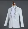 Herrenanzüge Blazer Weiße glitzernde Kristalle Stickerei Herrenanzüge mit Hosen Hochzeit Bräutigam Smoking Anzug Männer Stehkragen Bühnenkostüm Homme Mariage 231027