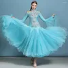 Stage Wear Light Blue Luxurious Rhinestone Ballroom Dance Dress Modern Flamenco Waltz Standard Practice