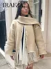 Misto lana da donna TRAFZA Cappotto invernale da donna Cappotto di lana caldo spesso con sciarpa con nappe Giacca patchwork a maniche lunghe casual Abbigliamento donna elegante 231027