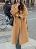 Женское полушерстяное пальто на осень-зиму, свободное шерстяное пальто для женщин, повседневная однотонная верхняя одежда с поясом, корейская мода, шикарное женское пальто, одежда 231027