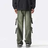 Men's Pants Solid Color Casual Men Cargo Mid-rise Side Buckle Design Straight Wide Leg Long Trousers Male