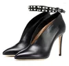 Dress Shoes Carpaton Est Pointed Toe High Heel Black Leather Ankle Strap Thin Heels Pumps Pearls Beaded V-neck