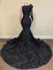 Seksi Zarif Prom Elbiseler Denizkızı Uzun Kol Siyah Sizli Dantel Aplike Mücevher Boyun Çırpınmaları Afrikalı Kız Gala Akşam Partisi Pullu Sequins Bir Omuz Elbise