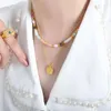 Chaînes Mode Tempérament En Acier Inoxydable Texture À La Main Colorée Pierre Naturelle Collier De Perles Pour Femmes Filles