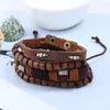 Charme pulseiras moda tecer boho punk escuro marrom couro cordão envoltório grânulo de madeira camadas unisex artesanal para presente de casamento