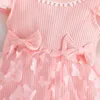 Vestidos de menina verão 2023 chegadas meninas sem mangas o pescoço arco borboleta rosa infantil menina bonito vestido de festa custume 0-2t