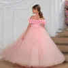 Flicka klänningar prinsessablomma för bröllop 3D Applique Tulle off axel Kid Birthday Party First Communion Christmas Ball Gown