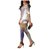 Kvinnors tvåbitar byxor Kvinnor Casual Fashion Dashiki Tribal Suit 2 African Ethnic Printed Outfits 3/4 Sleeve Tops Shirt and Leggings Romper