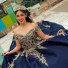 MarineblauSexy mexikanische Quinceanera-Kleider mit V-Ausschnitt, schulterfrei, Applikationen, Perlen, Ballkleid, Prinzessin, langes Sweet-16-Abschlussballkleid für 15 Jahre