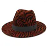 Berets Men Women Zebra Pattern Dark Grey Woolen Felt Fedora Hats With Flat Wide Brim Fall Winter Jazz Panama Hat