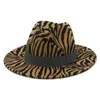 Berets Men Women Zebra Pattern Dark Grey Woolen Felt Fedora Hats With Flat Wide Brim Fall Winter Jazz Panama Hat