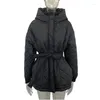 Women's Down Women Jacket Casual Hooded Parkas Fashion Winter Coats Elegant Tie Belt AryGle Cotton Jackets kläder