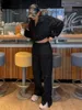 Pantaloni a due pezzi da donna Oymimi Moda allentati neri 2 set Completo da donna Elegante top corto con zip a maniche lunghe con vita media Set streetwear femminile