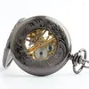 Pocket Watches High Quality Vintage Black Hollowed Roman Dial Mechanical Hand Wind Watch Antique Skeleton Men grossist