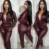 Women's Two Piece Pants PU Faux Leather Set For Women Matching Sets Long Sleeve Zipper Hooded Jacket Top And Streetwear Tracksuit Outfit