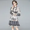 Retro Print Casual Party Mini Dress Women Designer Long Sleeve Stand Collar Elegant Fit and Flare Dresses 2023 Spring Autumn Casual Versatile Runway Vacation Frocks