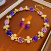 Necklace Earrings Set FYUAN Vintage Pearl Geometric For Women Purple Pink Resin Wedding Bride Accessories