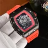 Best Selling Men Sports Watches Mens Watch 43mm Quartz Skeleton Movement Black Case Multicolor Silicone Strap Wristwatches