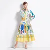 Lykta ärm Vintage Print Maxi Dress Robes Women Designer Lapel Button Slim Ruched Ruffles Elegant Dresses 2023 Autumn Winter Stand Collar Vacation Party Frocks