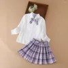 Conjuntos de ropa para niños y niñas, traje de 2 uds., uniforme escolar de manga larga para primavera y otoño, camisa blanca, faldas a cuadros, ropa para niños