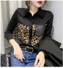 Damesblouses FANIECES Chiffon Zwarte Damesoverhemden Luipaard Patchwork Diamanten Lange mouw Revers Button-up Blusas Chic Camisas E