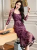 Basic Casual Women Dresses Spring Elegant Sexy Midi Dresses for Women Purple Mesh Mermaid Dress Bodycon Slim Robe Party Prom Lady Clothes Date Vestido 2024