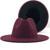 Einfache äußere weinrote innere schwarze Wollfilz-Jazz-Fedora-Hüte mit dünner Gürtelschnalle für Männer und Frauen, breite Krempe, Panama-Trilby-Kappe, X-XL