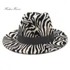 Berets Men Women Zebra Pattern Dark Grey Woolen Felt Fedora Hats With Flat Wide Brim Fall Winter Jazz Panama Hat