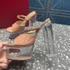 Kvinnors klackar rensar kristallmule tofflor glider sandaler klackade plattformspumpar chunky block häl 155mm kvinnors designers kvällskor med låda