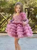 Dziewczyna sukienki mini kwiat baby cekin z koraliki z pióro weselne urodziny z długim rękawem Suknie szaty święta
