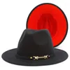 Bérets Fedora Chapeaux Ceinture En Cuir Chapeau Noir Rouge Patchwork Large Bord Casquette Adulte Jazz Feutre Fedoras Trilby Chapeau Casquettes