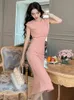 Vestidos casuales básicos Elasticidad Midi Vestido Mujeres Rosa Negro Elegante Dama Ropa Cintura Abierta Pliegues Split Bodycon Robe Femme Sexy Sweet Vestidos 2024