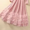 2023 Otoño Rosa Color sólido Paneles de punto Vestido de tul Manga larga Soporte Cuello Botones De un solo pecho Largo Maxi Vestidos casuales S3O261026