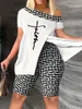 女性用トラックスーツCinessdセクシーオフショルダーファッションカジュアル印刷半袖トップパンツ女性2ピーススーツ