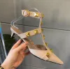 Brand Designer New Women's High Heel Flat Sandals Rivet Decorated Pointed Toe Sandals Black Fashion Sandals with Dust Bag